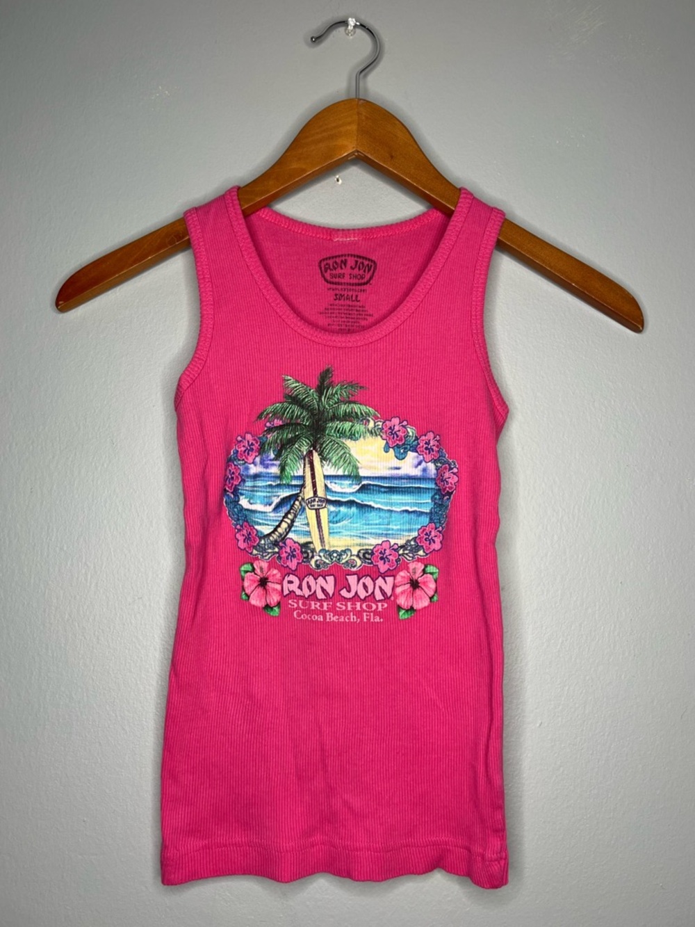 Ron Jon Surf Shop Pink Tropical Surf Cocoa Beach, Florida Graphic Beach Tank Top